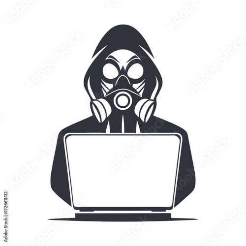 Hooded figure wearing a gas mask works on a laptop in the dark style
