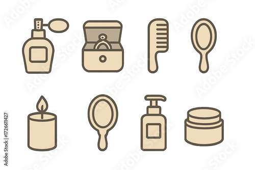 Beauty essentials icons featuring perfume, mirror, and comb in a linear style