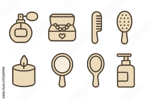 Elegant beauty icons set featuring perfume, jewelry, and spa essentials on gradient background