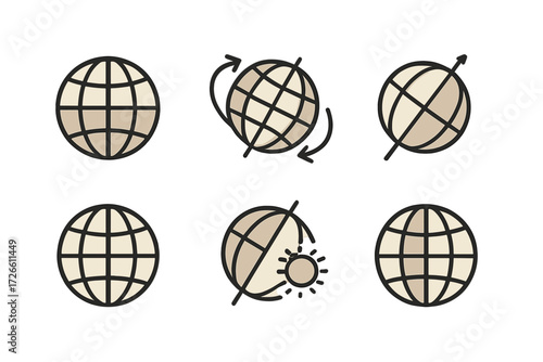 Set of globes with rotating arrows and sun in minimalist style