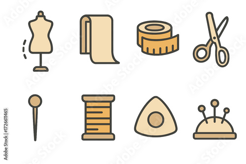 Stylized seamstress tools on warm wooden background