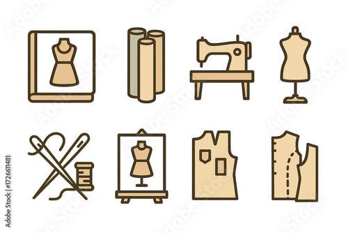 Fashion design icons on textured background featuring sewing and tailoring elements