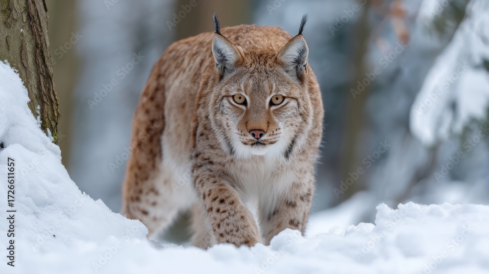 Fototapeta premium Eurasian lynx walking through snowy forest in winter, close-up of wild lynx face in snow-covered slovakia, february wildlife scene in european wilderness