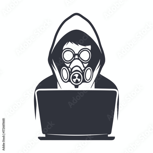 Hooded figure wearing a gas mask works with laptop, isolated on clean white backdrop