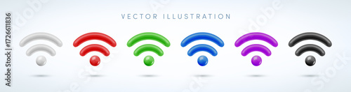 Vector cartoon 3d Wifi sign color set. 3d Render of green, red, blue, purple, white and black wireless internet signal icon. Plastic router waves network antenna symbol for infographic, web, app.