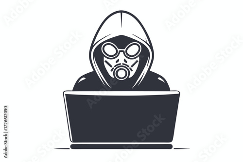 Hooded figure wearing gas mask uses laptop with speed effect around them