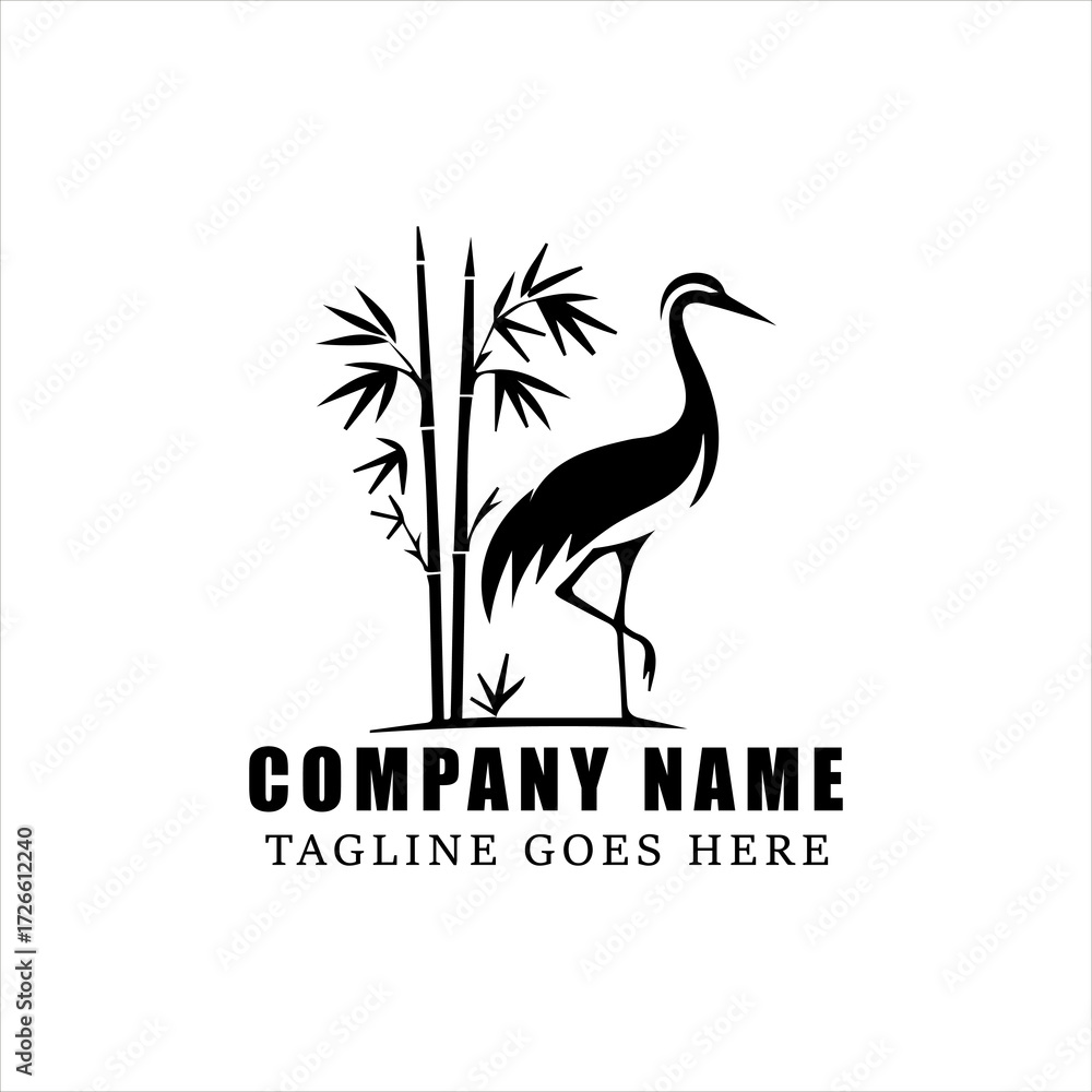 Obraz premium Minimalist Crane Bird with Bamboo Logo Vector, Black and White Japanese Animal and Plant Silhouette, Traditional Cultural Symbol for Branding and Elegant Identity Design
