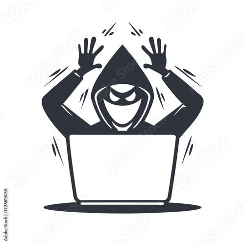 Hooded hacker mischievously hovers over a laptop, hands raised victoriously in a monochrome scene
