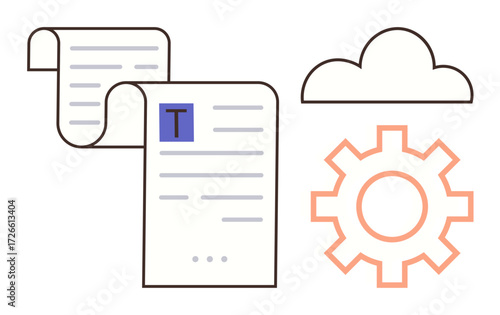 Documents with text scroll near a cloud and cogwheel, symbolizing digital storage, workflow optimization. Ideal for technology, automation, cloud computing, efficiency, productivity, data management