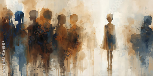 An alone child standing among other children, symbolizing isolation and introspection in a thoughtful scene, AI-generated