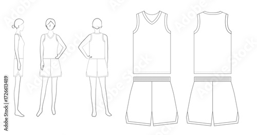 女子バスケットボールユニフォームのテンプレート（Vネック・スリット入りショーツ）Women's Basketball Uniform Template – V-Neck with Slit Shorts
