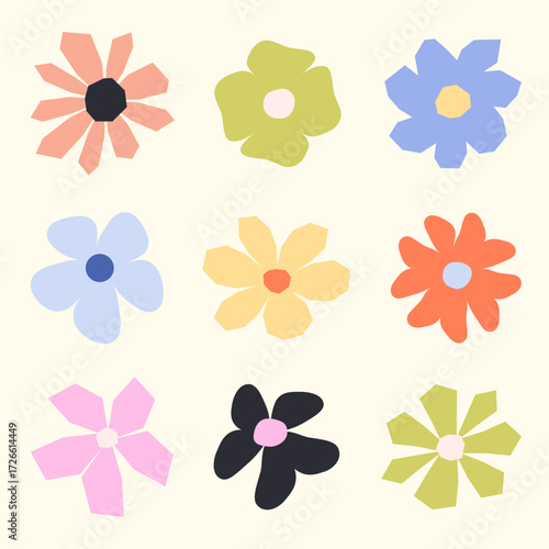 Collection of boho style flower cutouts in a grid layout. Cute and simple floral collage with a retro 70s vibe for nursery art or fabric prints.