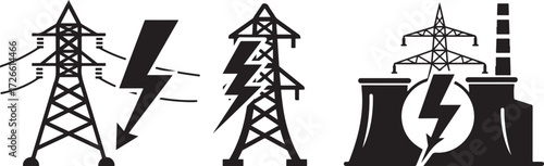 Black and White Vector Icons Depicting Electricity Power Pylons, Lightning Bolts, and a Power Plant