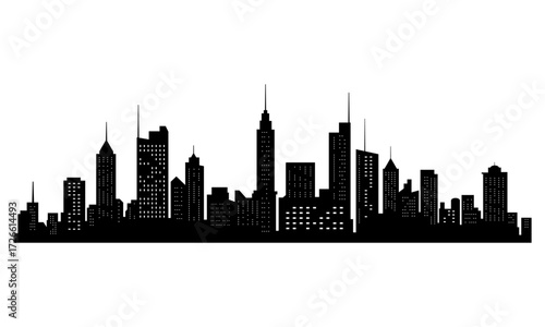 Black cities silhouette. Horizontal skyline in flat style isolated on white. Cityscape with windows, urban panorama of night town.