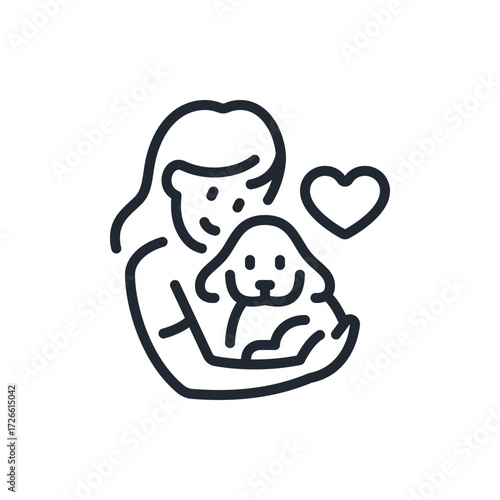 Woman with her dog pet editable stroke outline icon isolated on white background flat vector illustration. Pixel perfect. 64 x 64.