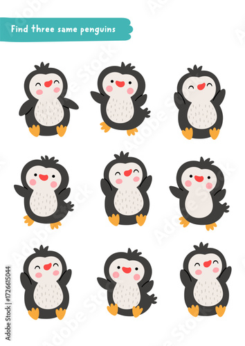 Find three same penguins. Christmas matching activity for children. Winter holiday educational quiz worksheet for kids for attention skills. New Year printable game with cute polar animals