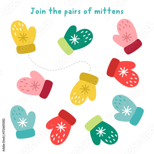 Join pairs of mittens. Christmas matching activity for children. Winter holiday educational quiz worksheet for kids for attention skills. Printable game with cute warm gloves on string