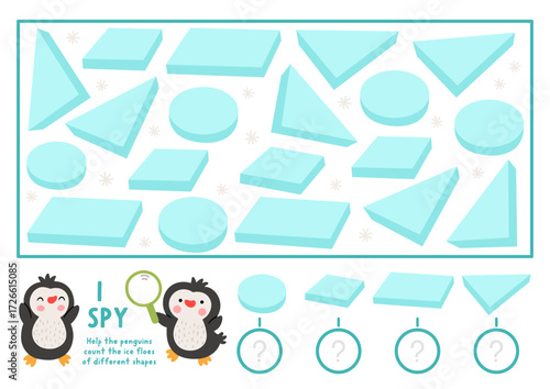 Christmas I spy game. Searching, counting, shape recognition activity with penguins and ice floes. New Year printable worksheet for preschool kids. Winter holiday spotting puzzle