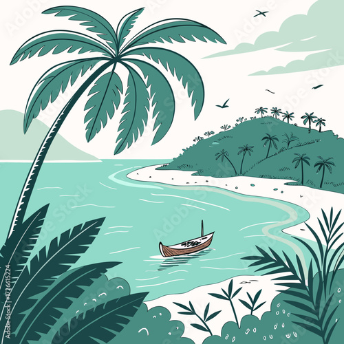 Tropical island with palm trees, boat and vegetation near the ocean shore