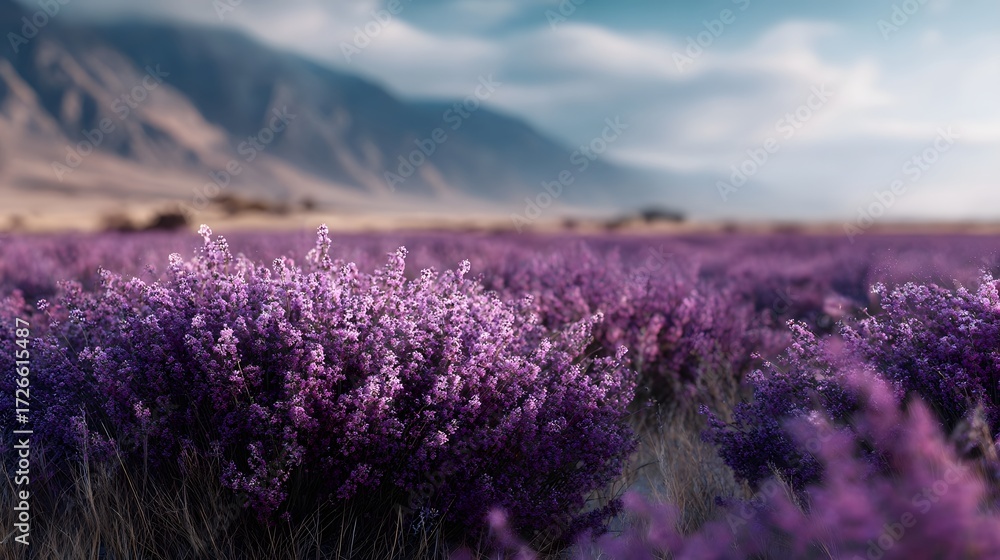 Obraz premium A serene lavender field in full bloom under a cloudy sky with distant mountains evoking a sense of calm and natural beauty