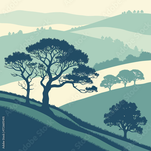 Rolling hills landscape with trees in vector illustration in blue tones