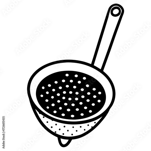 Black and white illustration of a perforated kitchen strainer with a handle isolated on white background silhouette