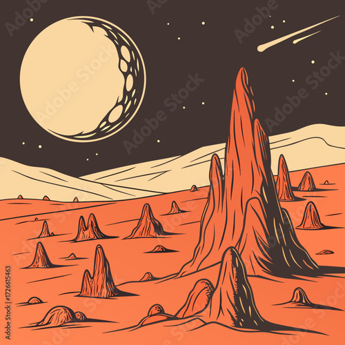 Retro scifi landscape with planet, mountains, and meteor shower illustration