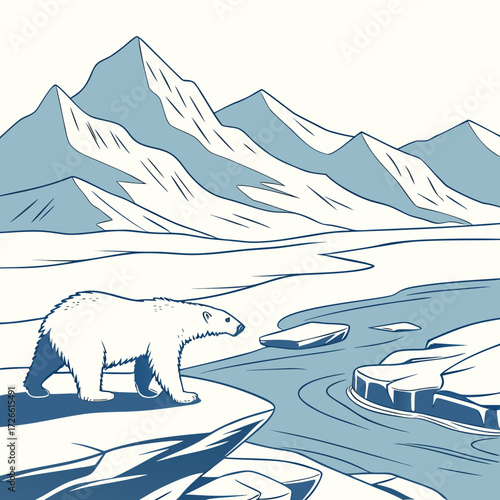Polar bear on ice floe with snowy mountains in the background