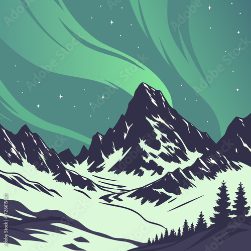 Mountain landscape with aurora borealis in the night sky illustration
