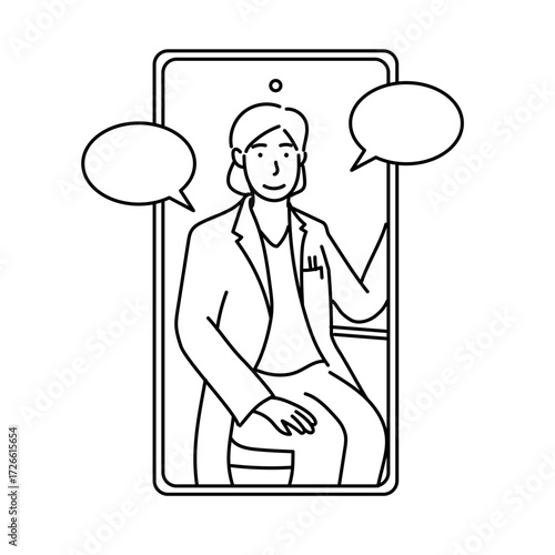 スマートフォンの画面に映る医師が吹き出しを通して会話しながらオンライン診療を行う様子を線画で描写。遠隔で医療を提供する現代的なシーンを表現｜オンライン診療,遠隔医療,スマートフォン,医師,線画,ビデオ通話,会話,吹き出し,健康相談,医療従事者,教育,説明,ベクター