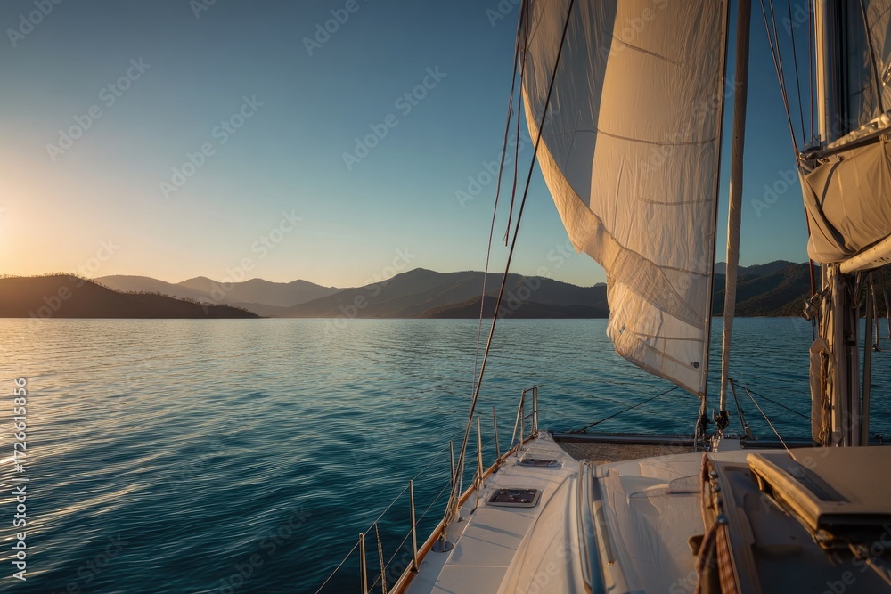 Fototapeta premium Sunrise over water, sailboat sails billowing