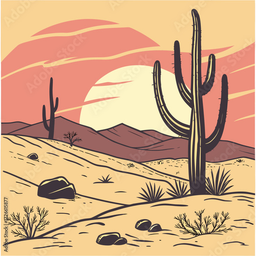 Illustration of a desert landscape with cacti and rocks at sunset