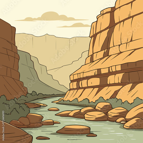Grand canyon landscape with river and rocks in the desert environment scene