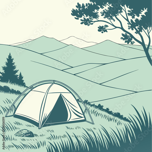 Camping tent in nature landscape with mountain and tree vector illustration