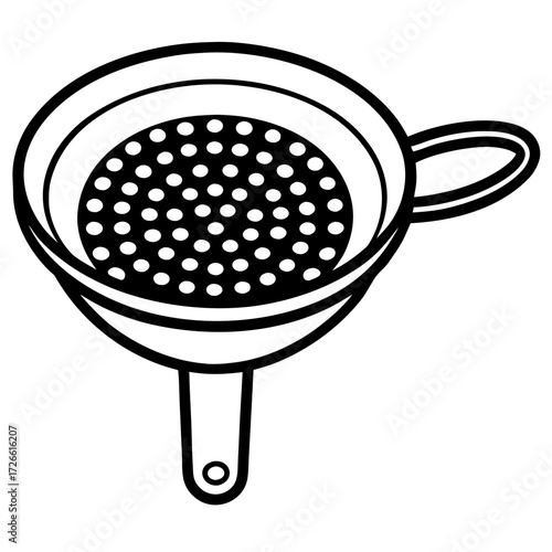 A simple black and white silhouette of a kitchen colander with a handle isolated on white background