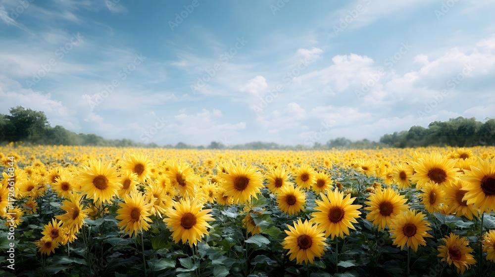 Obraz premium A vibrant field of yellow sunflowers stretches towards a clear blue sky with scattered white clouds on a bright summer day