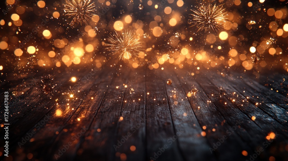 Fototapeta premium Dark wood floor with golden fireworks and bokeh lights