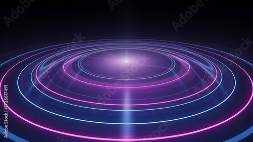 Circular neon pattern with a light beam on a dark background abstract art