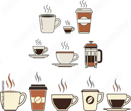 Stylized Illustrations of Hot Coffee Cups, Mugs, and a French Press
