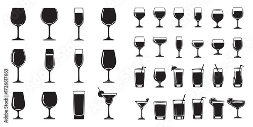 Assortment of black silhouette drinkware icons, featuring various glasses for wine, cocktails, and beverages.