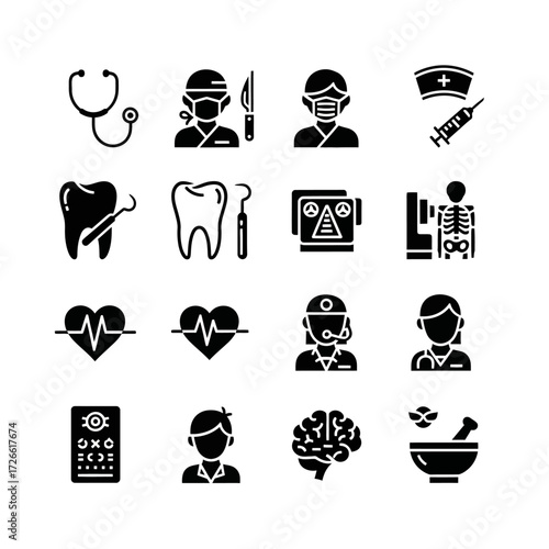 A collection of black solid glyph icons representing various medical professions, equipment, and concepts.