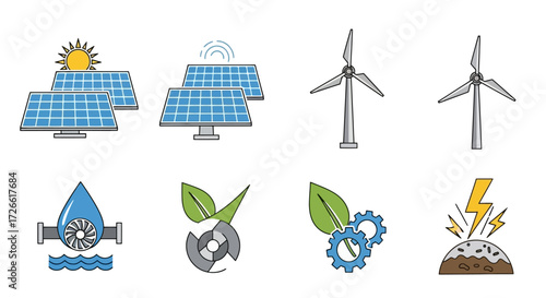 A collection of icons representing various renewable energy sources, including solar panels, wind turbines, hydroelectric power, and geothermal energy.
