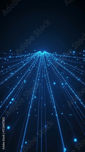 Blue lines with glowing dots converging towards a central vanishing point
