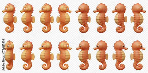 A collection of cartoon seahorses, arranged in two rows, all facing left.
