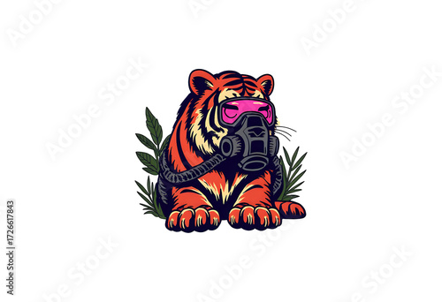 Royal Bengal tiger wearing futuristic neon oxygen mask in cyberpunk jungle.