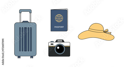 Essential travel accessories for a perfect vacation adventure, featuring luggage, identification, photography gear, and stylish sun protection, all ready for an exciting journey to a new destination
