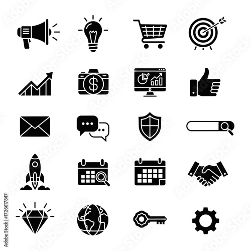 A comprehensive set of solid black glyph icons representing digital marketing, business strategy, and technological innovation
