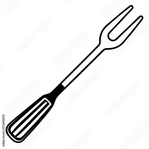A black silhouette of a carving fork with a long handle and two prongs isolated on white background
