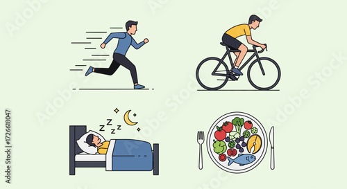 A collection of line art icons depicting the essential pillars of a healthy lifestyle regular physical activity, a nutritious diet, and sufficient rest for optimal wellbeing