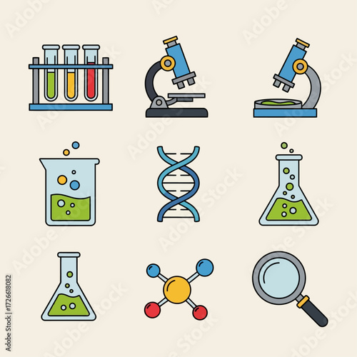 A vibrant flat design collection of science and laboratory icons, including microscope, dna, and chemical test tubes for research concepts